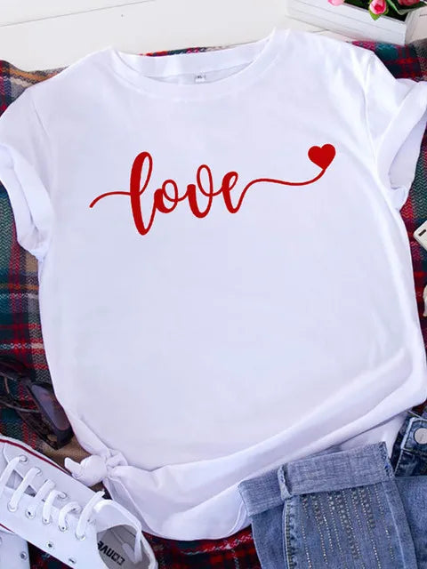 Brave Soul L American Retro Letters Love White T-shirt Women Short Sleeve Round Neck Loose Large Size Casual Top Oversized