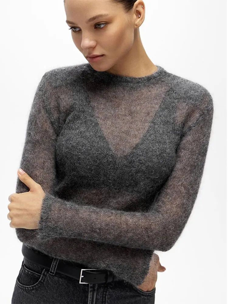 Solid Round Neck Thin Knitted Sweater For Women Fashion Commuting Long Sleeve Pullover 2024 Autumn New Female High Street Jumper